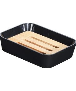 Σαπουνοθήκη πλαστική 11,9x8,9xΥ2,8εκ. μαύρη με bamboo θήκη αποστράγγισης