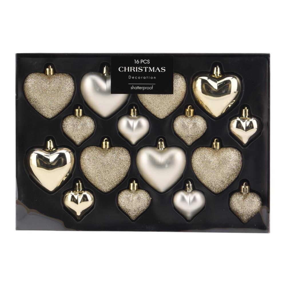 Σετ χριστουγεννιάτικα στολίδια-καρδιές 16 τεμαχίων, 3 σχεδίων χρυσές