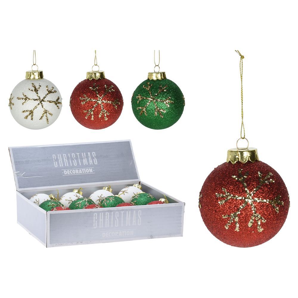 Σετ χριστουγεννιάτικες μπάλες 12 τεμαχίων, ∅8εκ. 3 χρωμάτων από φυσητό γυαλί