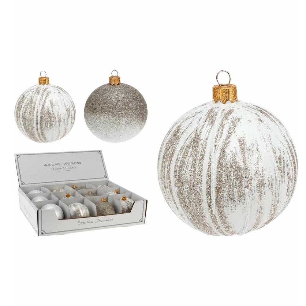 Σετ χριστουγεννιάτικες μπάλες 12 τεμαχίων, ∅8εκ. 4 ειδών λευκές από φυσητό γυαλί