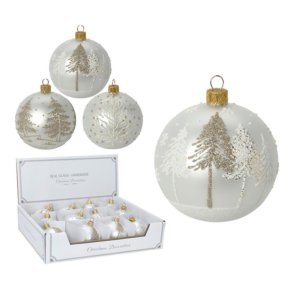 Σετ χριστουγεννιάτικες μπάλες 6 τεμαχίων, ∅10εκ. 3 ειδών λευκές από φυσητό γυαλί