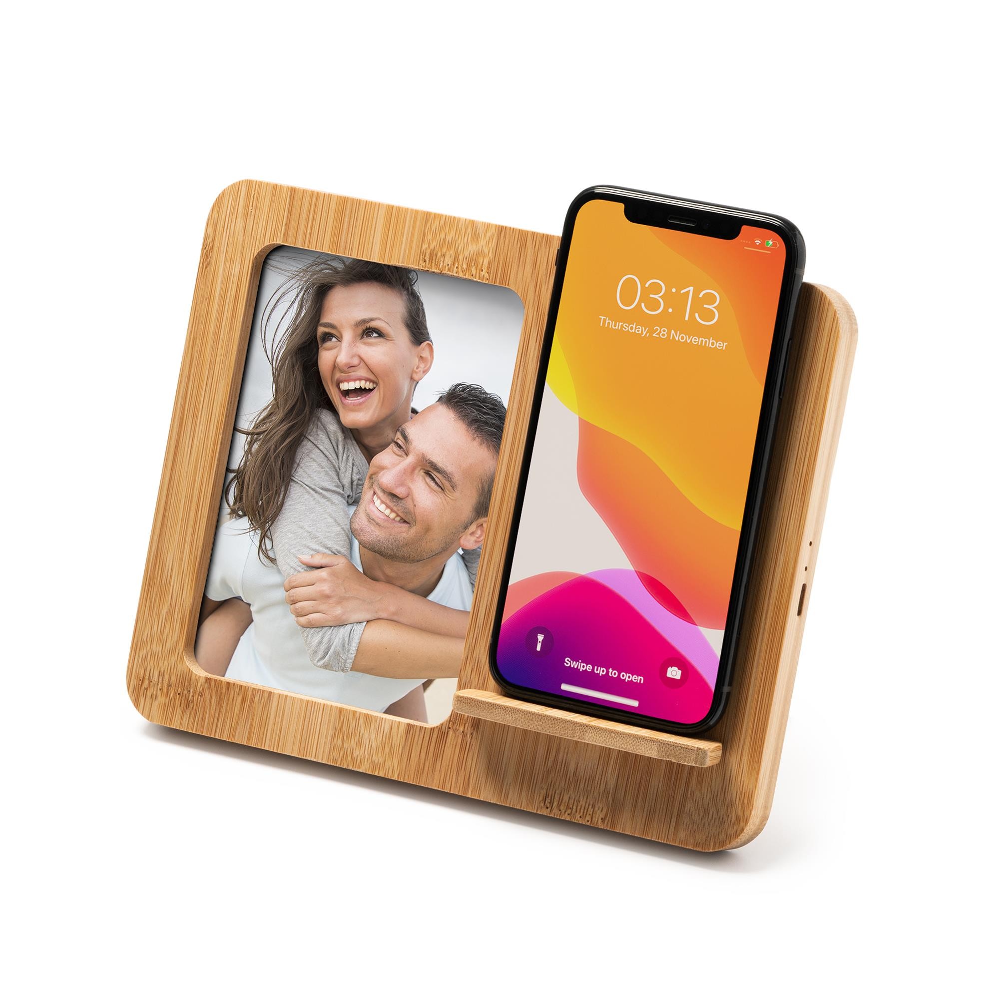 Ασύρματος φορτιστής 10W bamboo με κορνίζα φωτογραφίας 10x15εκ.